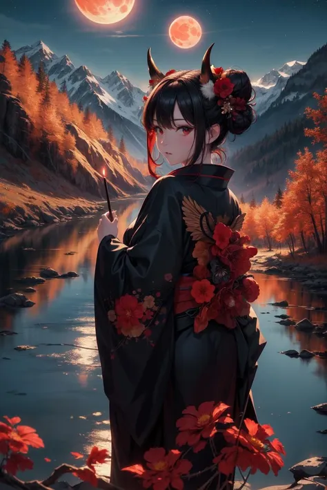 masterpiece, high detail, high resolution, RTX, 8K, high quality,
Highly detailed, High Quality, Masterpiece, beautiful, night, (dark environment), mountains, water, trees, red moon, Kimono, hair ornament, hair flower, double bun, dark wings,  demon horns,  fox tail, smoking,  sky red,