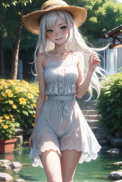 masterpiece, high detail, high resolution, RTX, 8K, high quality,
1girl,monet color,naked,stream,close shot,medium chest,close shot, adult girl,anime characters,white hair, the whole body,oil painting,post-impressionist,(face upward:0.7),Post Impressionist,Droplets,well,soft lighting,COOL,White dress, pelvic curtain, long skirt, coat, straw hat, sonrisa timida, shorts, freckles, flushed, solar reflection to camera,