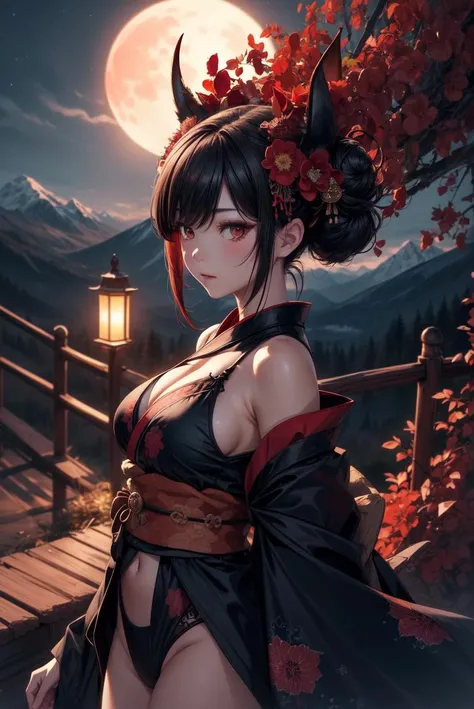masterpiece, high detail, high resolution, RTX, 8K, high quality,
Highly detailed, High Quality, Masterpiece, beautiful, night, (dark environment), mountains, water, trees, red moon, Kimono, hair ornament, hair flower, double bun, dark wings,  demon horns,  fox tail, smoking,  sky red, horror \(theme\),  underboob,