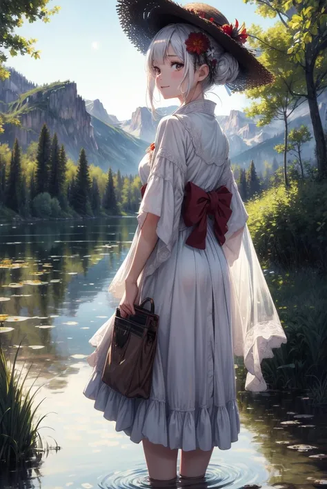 masterpiece, high detail, high resolution, RTX, 8K, high quality,
1girl,monet color,naked,stream,close shot,medium chest,close shot, adult girl,anime characters,white hair, the whole body,oil painting,post-impressionist,(face upward:0.7),Post Impressionist,Droplets,well,soft lighting,COOL,White dress, pelvic curtain, long skirt, coat, straw hat, sonrisa timida, shorts, freckles, flushed, solar reflection to camera, Highly detailed, High Quality, Masterpiece, beautiful, night, (dark environment), mountains, water, trees, red moon, Kimono, hair ornament, hair flower, double bun, from behind,