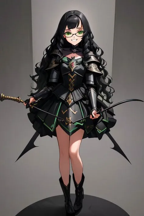 ((masterpiece, best quality, high res, 4k)) beautiful face, detailed face, ultra-detailed, 1 girl, solo, Villainess, Taylor Hebert from web serial Worm, (long wavy black hair), green eyes, glasses, black magical girl dress,  insect armor, yellow boot heels, standing, EvilT, grin, evil eyes, holding riding crop,