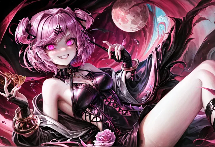 masterpiece, high quality, highres,  <lora:DDLC:1> natsuki, pink eyes, pink hair, two side up, hair ornament, hair ribbon, 1girl, 
 <lora:Detail Tweaker LoRA:0.8>  <lora:EvilT:0.8> EvilT, grin, evil eyes