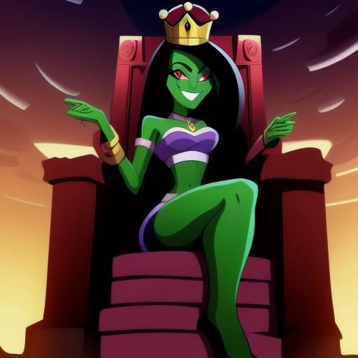 ((masterpiece,best quality)), absurdres, <lora:Desiree_Danny_Phantom:0.9>, Desiree_Danny_Phantom, solo, hair over one eye, smiling, looking at viewer, cowboy shot, cinematic composition, dynamic pose, super crown, red eyes, green skin, from below, evil smile, sitting, throne