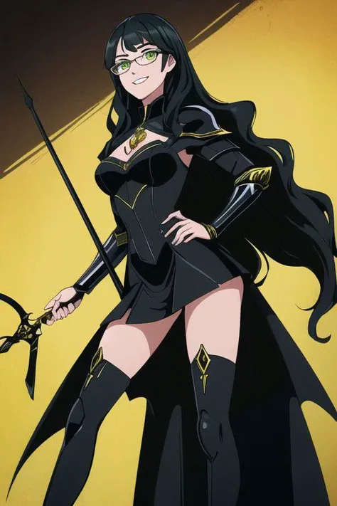 ((masterpiece, best quality, high res, 4k)) beautiful face, detailed face, ultra-detailed, 1 girl, solo, Villainess, Taylor Hebert from web serial Worm, (long wavy black hair), green eyes, glasses, black magical girl dress, insect armor, yellow boot heels, standing, EvilT, grin, evil eyes, holding riding crop,