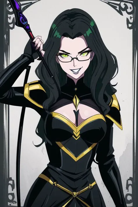 ((masterpiece, best quality, high res, 4k)) beautiful face, detailed face, ultra-detailed, 1 girl, solo, Villainess, Dominatrix, Taylor Hebert from web serial Worm, black lipstick, (long wavy black hair), green eyes, glasses, black magical girl dress, yellow wasp armor, EvilT, grin, evil eyes, holding a riding crop,