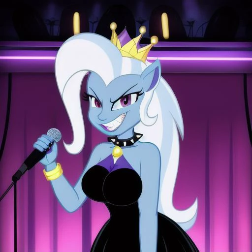 <lyco:MegaMilkV1-20:1.0>,  poseMega, 1girl, breasts, super crown, collar, spiked collar, spiked bracelet, spikes, horns, large breasts, bracelet, crown, ponytail, long hair, smile, jewelry, teeth, nail polish, grin, black_dress, leaning_forward, microphone, holding microphone, singing, stage, neon lights, best quality, masterpiece, highres, red eyes, grin, evil eyes, mlptrixie, blue skin