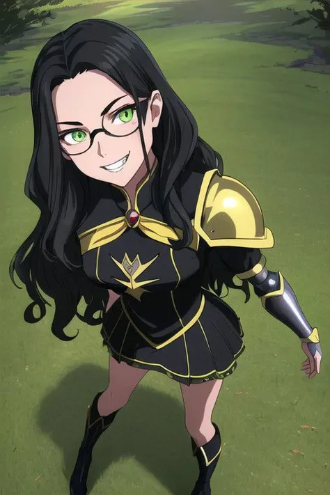 ((masterpiece, best quality, high res, 4k)) beautiful face, detailed face, ultra-detailed, 1 girl, solo, Taylor Hebert from web serial Worm, (long wavy black hair), green eyes, glasses, black magical girl dress,  insect armor, yellow boot heels, standing, EvilT, grin, evil eyes