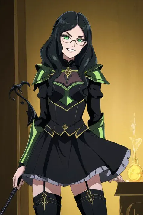 ((masterpiece, best quality, high res, 4k)) beautiful face, detailed face, ultra-detailed, 1 girl, solo, Villainess, Taylor Hebert from web serial Worm, (long wavy black hair), green eyes, glasses, black magical girl dress,  insect armor, yellow boot heels, standing, EvilT, grin, evil eyes, holding riding crop,