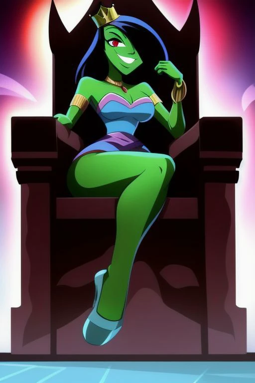 ((masterpiece,best quality)), absurdres, <lora:Desiree_Danny_Phantom:0.9>, Desiree_Danny_Phantom, solo, hair over one eye, smiling, looking at viewer, cowboy shot, cinematic composition, dynamic pose, super crown, red eyes, green skin, from below, evil smile, sitting, throne