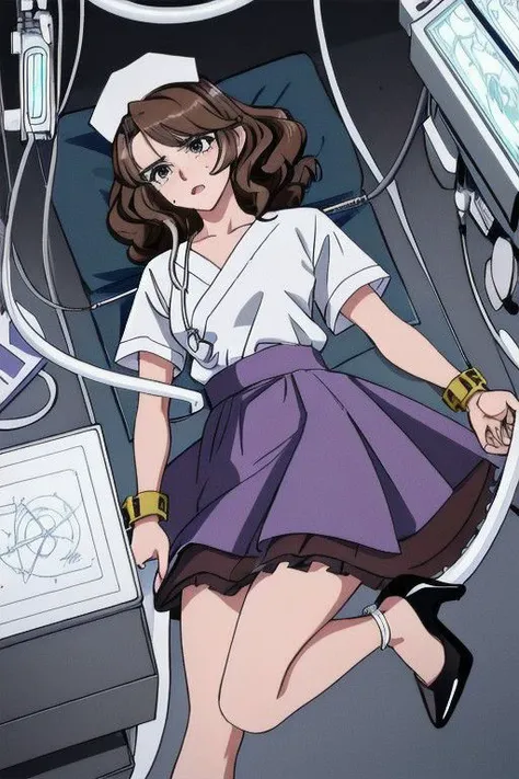 ((masterpiece, best quality, high res, 4k)) beautiful face, detailed face, ultra-detailed, 1 girl, full body, hospital (operating room), lying on back, (operating table), strapped to table, bound, bound ankles, view from above, solo, Amy Dallon from web serial Worm, ( short curly brown hair), brown eyes, white frilly magical girl dress, nurse hat, layered skirt, showgirl skirt, high heels, scared, crying,