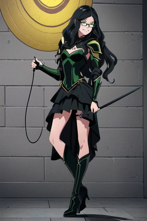 ((masterpiece, best quality, high res, 4k)) beautiful face, detailed face, ultra-detailed, 1 girl, solo, Villainess, Taylor Hebert from web serial Worm, (long wavy black hair), green eyes, glasses, black magical girl dress, insect armor, yellow boot heels, standing, EvilT, grin, evil eyes, holding riding crop,