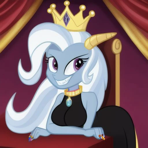 <lyco:MegaMilkV1-20:1.0>, poseMega, 1girl, breasts, super crown, collar, spiked collar, spiked bracelet, spikes, horns, large breasts, bracelet, crown, ponytail, long hair, smile, jewelry, teeth, nail polish, grin, black_dress, leaning_forward, mlptrixie, red eyes, evil smile, sitting, throne