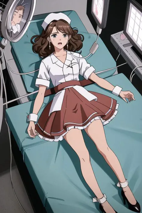 ((masterpiece, best quality, high res, 4k)) beautiful face, detailed face, ultra-detailed, 1 girl, full body, hospital (operating room), lying on back, (operating table), strapped to table, bound, bound ankles, view from above, solo, Amy Dallon from web serial Worm, ( short curly brown hair), brown eyes, white frilly magical girl dress, nurse hat, layered skirt, showgirl skirt, high heels, scared, crying,