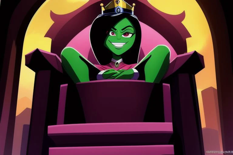 ((masterpiece,best quality)), absurdres, <lora:Desiree_Danny_Phantom:0.9>, Desiree_Danny_Phantom, solo, hair over one eye, smiling, looking at viewer, cowboy shot, cinematic composition, dynamic pose, super crown, red eyes, green skin, from below, evil smile, sitting, throne