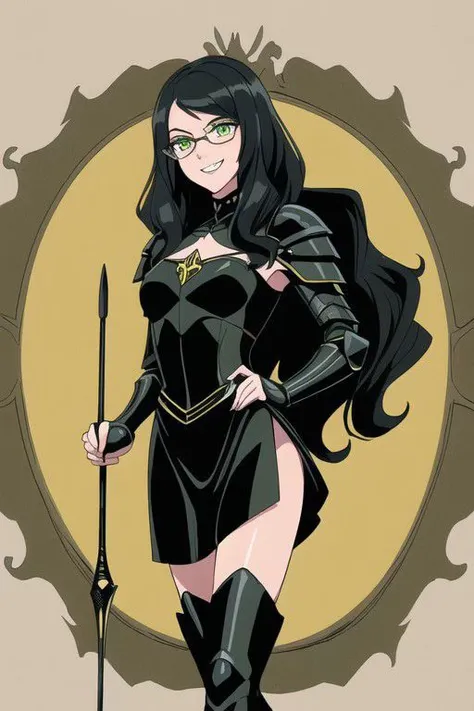 ((masterpiece, best quality, high res, 4k)) beautiful face, detailed face, ultra-detailed, 1 girl, solo, Villainess, Taylor Hebert from web serial Worm, (long wavy black hair), green eyes, glasses, black magical girl dress, insect armor, yellow boot heels, standing, EvilT, grin, evil eyes, holding riding crop,