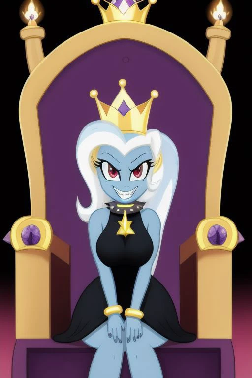 <lyco:MegaMilkV1-20:1.0>, poseMega, 1girl, breasts, super crown, collar, spiked collar, spiked bracelet, spikes, horns, large breasts, bracelet, crown, ponytail, long hair, smile, jewelry, teeth, nail polish, grin, black_dress, leaning_forward, mlptrixie, red eyes, evil smile, sitting, throne