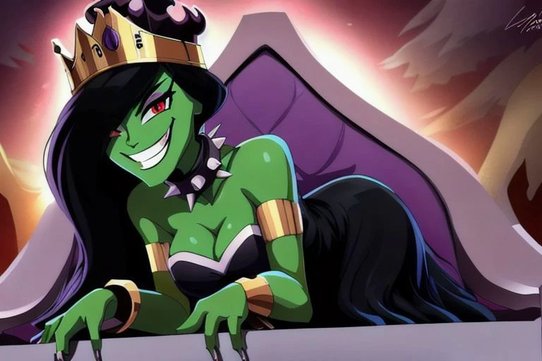 ((masterpiece,best quality)), absurdres, <lora:Desiree_Danny_Phantom:0.9>, Desiree_Danny_Phantom, solo, hair over one eye, smiling, looking at viewer, cowboy shot, cinematic composition, dynamic pose, super crown, red eyes, green skin, from below, evil smile, sitting, throne, <lyco:MegaMilkV1-20:1.0>, poseMega, 1girl, breasts, super crown, collar, spiked collar, spiked bracelet, spikes, horns, large breasts, bracelet, crown, ponytail, long hair, smile, jewelry, teeth, nail polish, grin, black_dress, leaning_forward