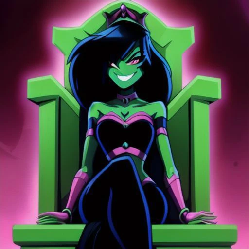 ((masterpiece,best quality)), absurdres, <lora:Desiree_Danny_Phantom:0.9>, Desiree_Danny_Phantom, solo, hair over one eye, smiling, looking at viewer, cowboy shot, cinematic composition, dynamic pose, super crown, red eyes, green skin, from below, evil smile, sitting, throne