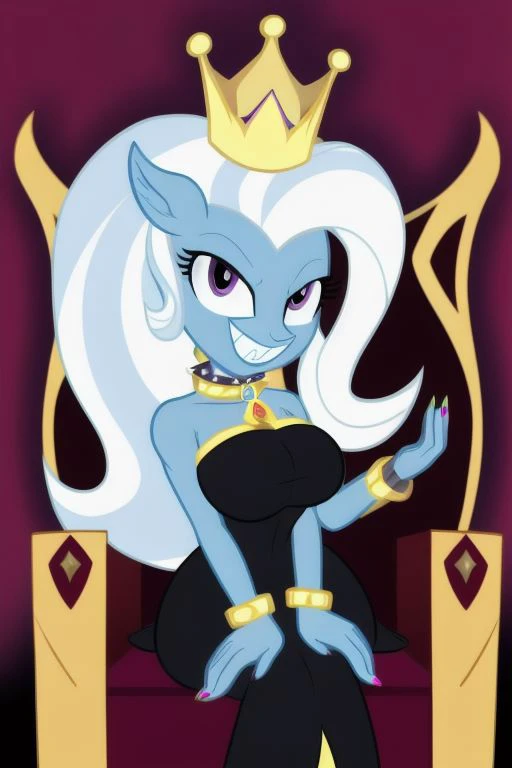 <lyco:MegaMilkV1-20:1.0>, poseMega, 1girl, breasts, super crown, collar, spiked collar, spiked bracelet, spikes, horns, large breasts, bracelet, crown, ponytail, long hair, smile, jewelry, teeth, nail polish, grin, black_dress, leaning_forward, mlptrixie, red eyes, evil smile, sitting, throne