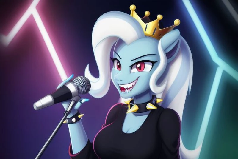 <lyco:MegaMilkV1-20:1.0>,  poseMega, 1girl, breasts, super crown, collar, spiked collar, spiked bracelet, spikes, horns, large breasts, bracelet, crown, ponytail, long hair, smile, jewelry, teeth, nail polish, grin, black_dress, leaning_forward, microphone, holding microphone, singing, stage, neon lights, best quality, masterpiece, highres, red eyes, grin, evil eyes, mlptrixie, blue skin