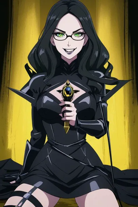((masterpiece, best quality, high res, 4k)) beautiful face, detailed face, ultra-detailed, 1 girl, solo, Villainess, Dominatrix, Taylor Hebert from web serial Worm, black lipstick, (long wavy black hair), green eyes, glasses, black magical girl dress, yellow wasp armor, EvilT, grin, evil eyes, holding a riding crop,