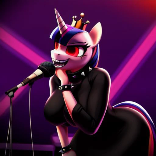 <lyco:MegaMilkV1-20:1.0>, poseMega, 1girl, breasts, super crown, collar, spiked collar, spiked bracelet, spikes, horns, large breasts, bracelet, crown, ponytail, long hair, smile, jewelry, teeth, nail polish, grin, black_dress, leaning_forward, microphone, holding microphone, singing, stage, neon lights, best quality, masterpiece, highres, red eyes, grin, evil eyes, twilight sparkle