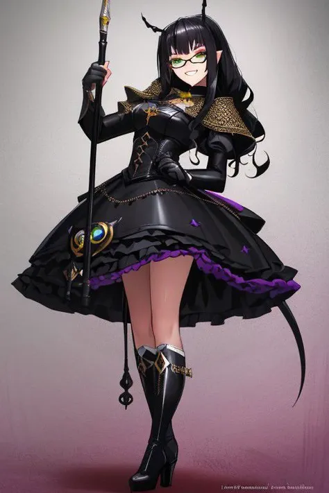 ((masterpiece, best quality, high res, 4k)) beautiful face, detailed face, ultra-detailed, 1 girl, solo, Villainess, Dominatrix, Taylor Hebert from web serial Worm, (long wavy black hair), green eyes, glasses, black magical girl dress,  insect armor, yellow boot heels, standing, EvilT, grin, evil eyes, holding riding crop, tentacles, living clothes