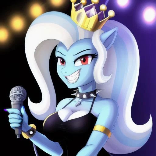 <lyco:MegaMilkV1-20:1.0>, poseMega, 1girl, breasts, super crown, collar, spiked collar, spiked bracelet, spikes, horns, large breasts, bracelet, crown, ponytail, long hair, smile, jewelry, teeth, nail polish, grin, black_dress, leaning_forward, microphone, holding microphone, singing, stage, neon lights, best quality, masterpiece, highres, red eyes, grin, evil eyes, mlptrixie, blue skin