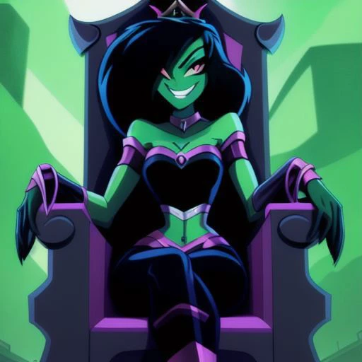 ((masterpiece,best quality)), absurdres, <lora:Desiree_Danny_Phantom:0.9>, Desiree_Danny_Phantom, solo, hair over one eye, smiling, looking at viewer, cowboy shot, cinematic composition, dynamic pose, super crown, red eyes, green skin, from below, evil smile, sitting, throne