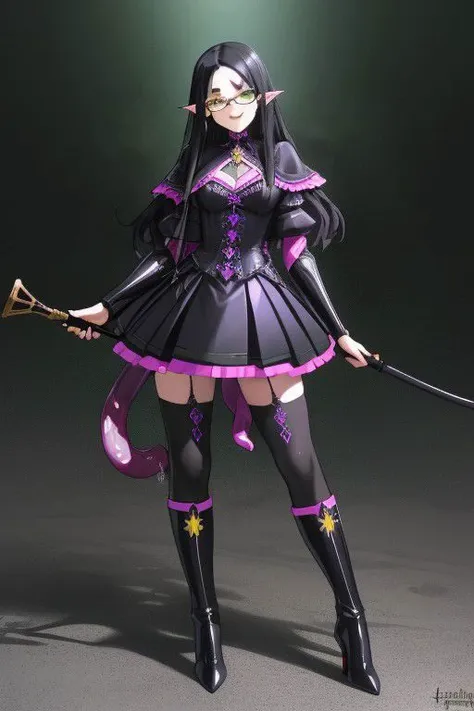 ((masterpiece, best quality, high res, 4k)) beautiful face, detailed face, ultra-detailed, 1 girl, solo, Villainess, Dominatrix, Taylor Hebert from web serial Worm, (long wavy black hair), green eyes, glasses, black magical girl dress, insect armor, yellow boot heels, standing, EvilT, grin, evil eyes, holding riding crop, tentacles, living clothes