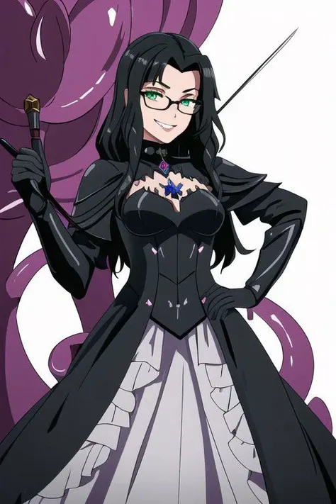 ((masterpiece, best quality, high res, 4k)) beautiful face, detailed face, ultra-detailed, 1 girl, solo, Villainess, Dominatrix, Taylor Hebert from web serial Worm, (long wavy black hair), green eyes, glasses, black magical girl dress, insect armor, EvilT, grin, evil eyes, holding a riding crop, tentacles, living clothes, livcloth, slime,