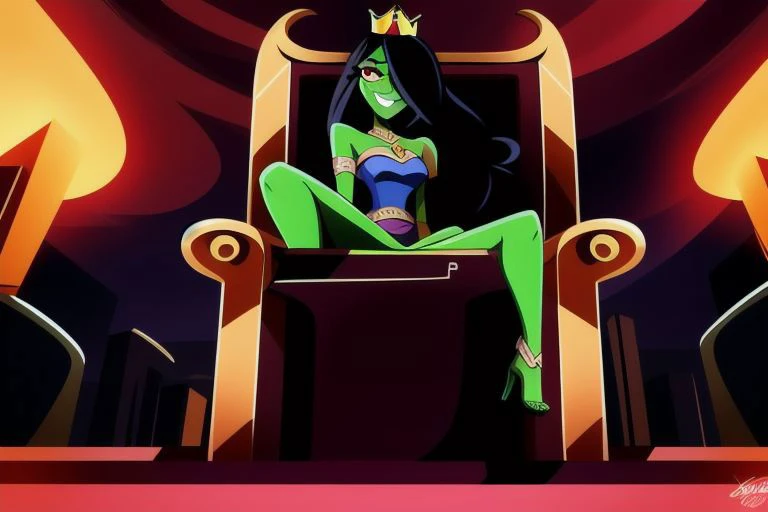 ((masterpiece,best quality)), absurdres, <lora:Desiree_Danny_Phantom:0.9>, Desiree_Danny_Phantom, solo, hair over one eye, smiling, looking at viewer, cowboy shot, cinematic composition, dynamic pose, super crown, red eyes, green skin, from below, evil smile, sitting, throne