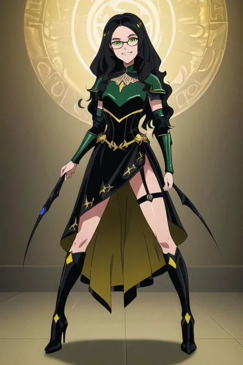 ((masterpiece, best quality, high res, 4k)) beautiful face, detailed face, ultra-detailed, 1 girl, solo, Taylor Hebert from web serial Worm, (long wavy black hair), green eyes, glasses, black magical girl dress,  insect armor, yellow boot heels, standing, EvilT, grin, evil eyes