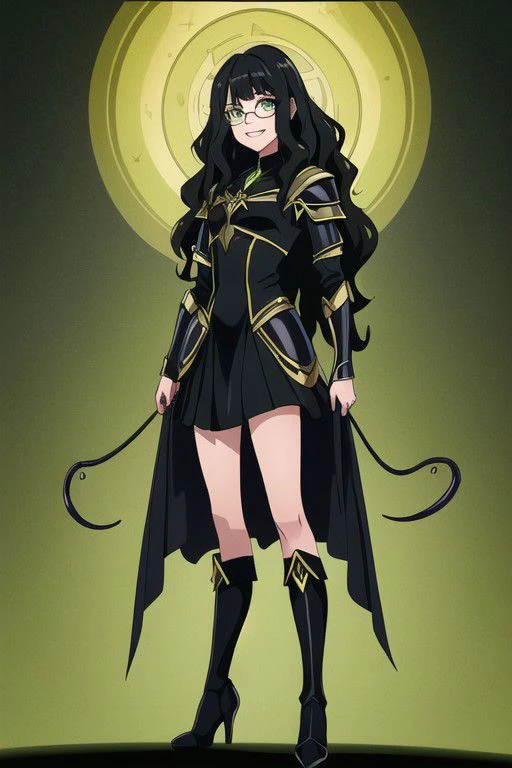 ((masterpiece, best quality, high res, 4k)) beautiful face, detailed face, ultra-detailed, 1 girl, solo, Taylor Hebert from web serial Worm, (long wavy black hair), green eyes, glasses, black magical girl dress, insect armor, yellow boot heels, standing, EvilT, grin, evil eyes