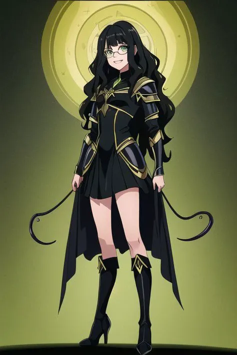 ((masterpiece, best quality, high res, 4k)) beautiful face, detailed face, ultra-detailed, 1 girl, solo, Taylor Hebert from web serial Worm, (long wavy black hair), green eyes, glasses, black magical girl dress,  insect armor, yellow boot heels, standing, EvilT, grin, evil eyes