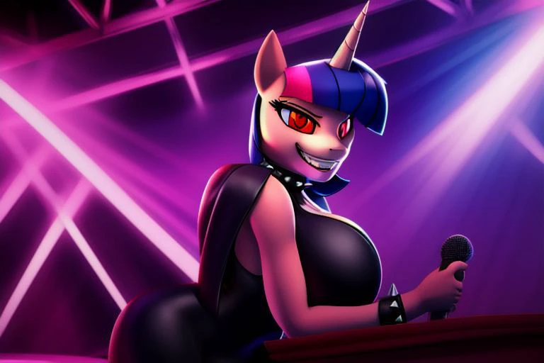 <lyco:MegaMilkV1-20:1.0>, poseMega, 1girl, breasts, super crown, collar, spiked collar, spiked bracelet, spikes, horns, large breasts, bracelet, crown, ponytail, long hair, smile, jewelry, teeth, nail polish, grin, black_dress, leaning_forward, microphone, holding microphone, singing, stage, neon lights, best quality, masterpiece, highres, red eyes, grin, evil eyes, twilight sparkle