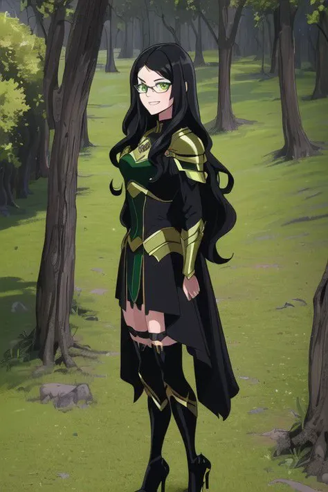 ((masterpiece, best quality, high res, 4k)) beautiful face, detailed face, ultra-detailed, 1 girl, solo, Taylor Hebert from web serial Worm, (long wavy black hair), green eyes, glasses, black magical girl dress,  insect armor, yellow boot heels, standing, EvilT, grin, evil eyes