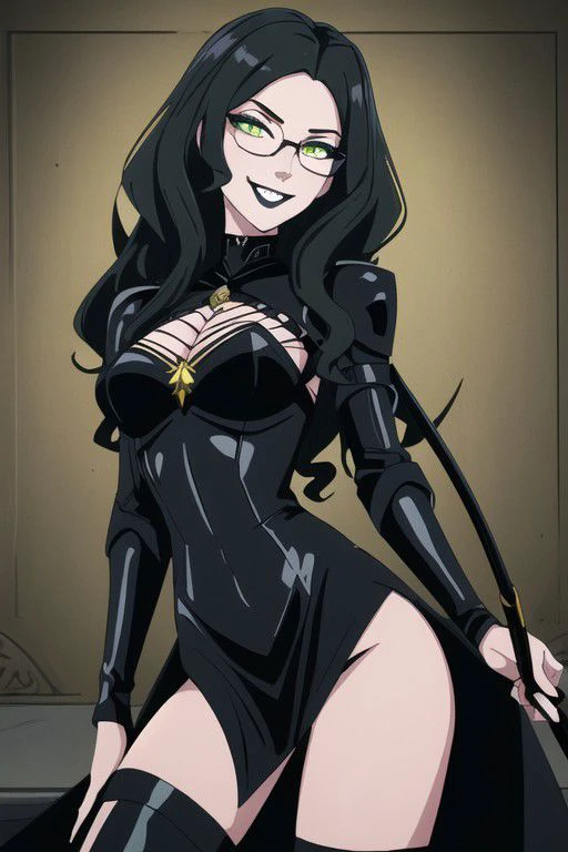 ((masterpiece, best quality, high res, 4k)) beautiful face, detailed face, ultra-detailed, 1 girl, solo, Villainess, Dominatrix, Taylor Hebert from web serial Worm, black lipstick, (long wavy black hair), green eyes, glasses, black magical girl dress, yellow wasp armor, EvilT, grin, evil eyes, holding a riding crop,