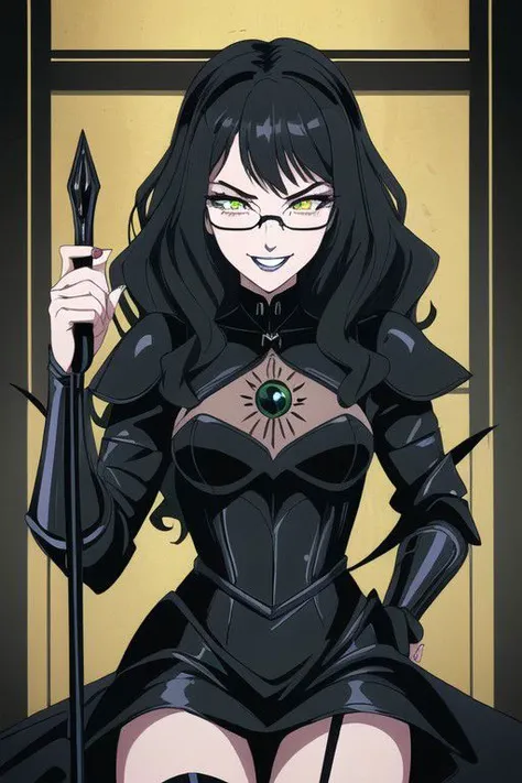 ((masterpiece, best quality, high res, 4k)) beautiful face, detailed face, ultra-detailed, 1 girl, solo, Villainess, Dominatrix, Taylor Hebert from web serial Worm, black lipstick, (long wavy black hair), green eyes, glasses, black magical girl dress, yellow insect armor, EvilT, grin, evil eyes, holding a riding crop,