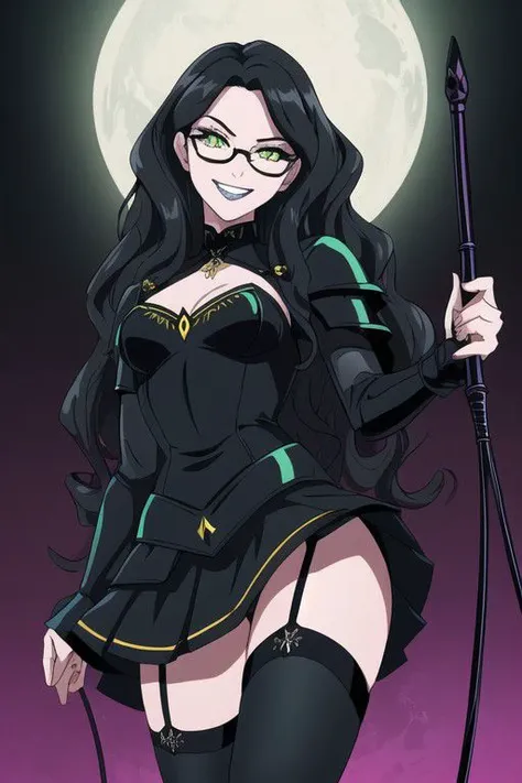 ((masterpiece, best quality, high res, 4k)) beautiful face, detailed face, ultra-detailed, 1 girl, solo, Villainess, Dominatrix, Taylor Hebert from web serial Worm, black lipstick, (long wavy black hair), green eyes, glasses, black magical girl dress, layered skirt, showgirl skirt, yellow wasp armor, EvilT, grin, evil eyes, holding a riding crop, NSFW,