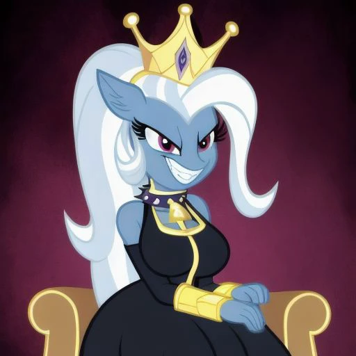 <lyco:MegaMilkV1-20:1.0>, poseMega, 1girl, breasts, super crown, collar, spiked collar, spiked bracelet, spikes, horns, large breasts, bracelet, crown, ponytail, long hair, smile, jewelry, teeth, nail polish, grin, black_dress, leaning_forward, mlptrixie, red eyes, evil smile, sitting, throne