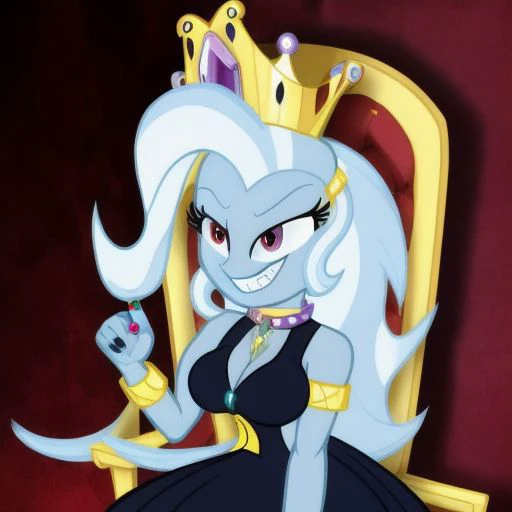 <lyco:MegaMilkV1-20:1.0>, poseMega, 1girl, breasts, super crown, collar, spiked collar, spiked bracelet, spikes, horns, large breasts, bracelet, crown, ponytail, long hair, smile, jewelry, teeth, nail polish, grin, black_dress, leaning_forward, mlptrixie, red eyes, evil smile, sitting, throne