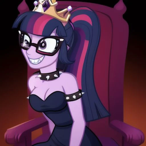 <lyco:MegaMilkV1-20:1.0>, poseMega, 1girl, breasts, super crown, collar, spiked collar, spiked bracelet, spikes, horns, large breasts, bracelet, crown, ponytail, long hair, smile, jewelry, teeth, nail polish, grin, black_dress, leaning_forward, mlptwilight, ponytail, glasses, evil smile, sitting, throne