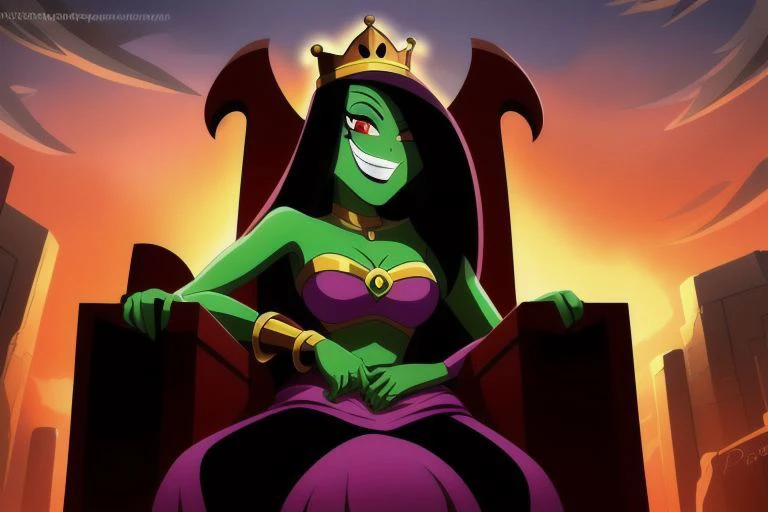 ((masterpiece,best quality)), absurdres, <lora:Desiree_Danny_Phantom:0.9>, Desiree_Danny_Phantom, solo, hair over one eye, smiling, looking at viewer, cowboy shot, cinematic composition, dynamic pose, super crown, red eyes, green skin, from below, evil smile, sitting, throne