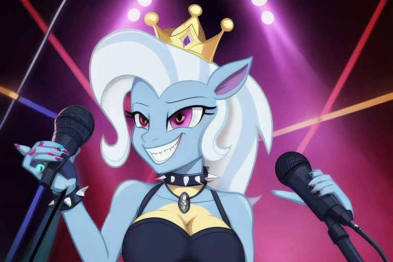 <lyco:MegaMilkV1-20:1.0>, poseMega, 1girl, breasts, super crown, collar, spiked collar, spiked bracelet, spikes, horns, large breasts, bracelet, crown, ponytail, long hair, smile, jewelry, teeth, nail polish, grin, black_dress, leaning_forward, microphone, holding microphone, singing, stage, neon lights, best quality, masterpiece, highres, red eyes, grin, evil eyes, mlptrixie, blue skin