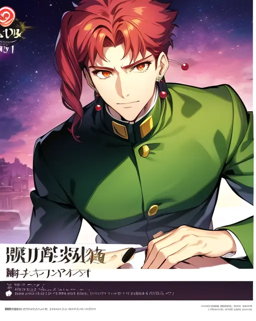 1boy, kakyoinjojo, masterpiece, hires, highquality, detailed, digital art, anime, red hair, gakuran, green school uniform, earrings, fullbody, detailed, orange EYES, sketch, poster, official art,<lora:kakyoinjojo-000004:1> manga art