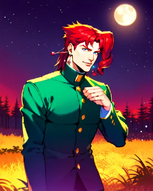 detailed face, 1boy, halfbody shot of kakyoinjojo,red hair, colorful, dark atmosphere, forest, night, moon, glowing butterflies, volumetric lighting, best quality, masterpiece, intricate details, tonemapping, sharp focus, very detailed, trending on Artstation, realistic, pixel art, <lora:kakyoinNoriakiLora_v1:1> <lora:sxzPixelBringerStyle_sxzPixel:0.7>