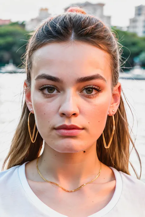 RAW, real photo portrait, emmaMac1 , on a boat, (wearing a pink t-shirt), pretty face, insanely detailed eyes, light blonde hair, high ponytail, bokeh, natural light, depth of field, golden hour, sharp focus
