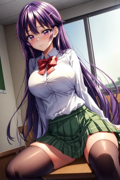 ((Best quality)), ((masterpiece)), ((perfect composition)), ((perfect anatomy)), illustration, high-res, prefect lighting, (dynamic angle), (((clean and clean))), absurdres, (((clean and clean))), 1girl, sole, chizuruchankaihatsunikki, full body, sit on school chair, hold a pen, licking pen, prefect body, purple hair, long hair, hairclip, purple-red eyes, school uniform, green jacket, green pleated skirt, (red_choker), (femdom), slightly spread legs, no panties, pussy, looming detailed pussy, juice, pussy juice, pussy sharp, black highthighs, (((zettai ryouiki))), enchanting expressionless, scowling, (femdom), enchanting expressionless, embarrassed, happiness, yandere trance, yandere, (detailed face description), (detailed eyes description), advanced cg, amazing quality, octane rendering, ((large lecture room)), huge interior, (audience sit, students), ahegao, orgasm, surrounded by lots of school friends, (5+grils on background, standing, talking, school uniforms, green pleated skirts, happy).
<lora:ChizuruchanKaihatsuNikki-08:0.7> <lora:add_detail:0.35> <lora:rainbow:0.2>