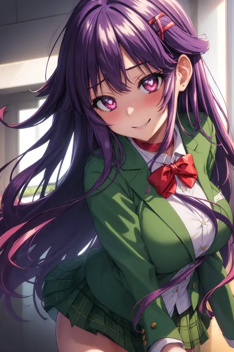 ((Best quality)), ((masterpiece)), ((perfect composition)), ((perfect anatomy)), illustration, high-res, prefect lighting, (dynamic angle), (((clean and clean))), absurdres, (((clean and clean))), 1girl, sole, chizuruchankaihatsunikki, matured, full-face blush, heart-shaped pupils, kissing viewer, love, couple, pov, close-up, eye reflection, purple hair, long hair, hairclip, purple-red eyes, school uniform, green jacket, green pleated skirt, (red_choker), (femdom), enchanting expressionless, [scowling], embarrassed, ((happiness)), (detailed face description), (detailed eyes description), advanced cg, amazing quality, octane rendering.
<lora:ChizuruchanKaihatsuNikki-08:0.7> <lora:add_detail:0.15> <lora:rainbow:0.1> <lyco:torogao_v4-000010:0.5>